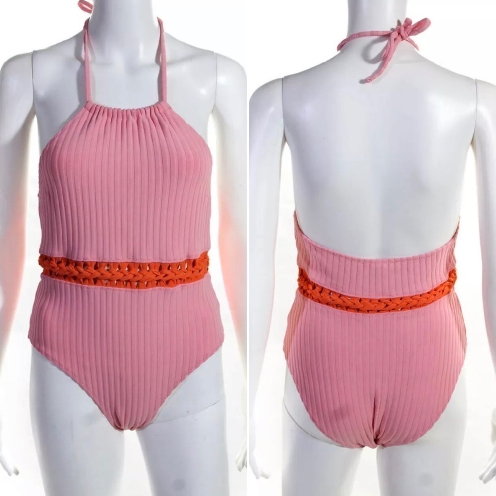 Solid & Striped Halter Ribbed Orange One Piece swim bathing suit